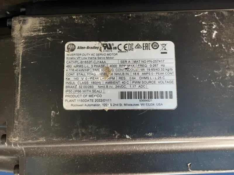 Allen-bradley 6.4 Hp Kinetix Vp Low Inertia Inverter Duty Ac Servo Motor - Vpl-b1652f-cj14aa
