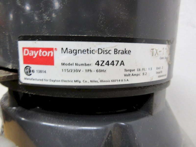 DAYTON AC Gearmotor Model 6Z400A: Parallel, Single Output Shaft, Split-Phase, TEFC, 8.5 RPM, 974 in-lb Max Torque with Dayton 4Z447A Magnetic Disc Brake- Auction Item