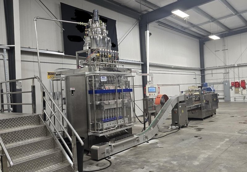 Samfull SF-720-8 8 Lane Liquid Stick Pack Machine with Counter, Cartoner, 1000L Homogenizing Mixer and Transfer Pump, 2024 – Complete Liquid Stick Pack Processing and Packaging Line