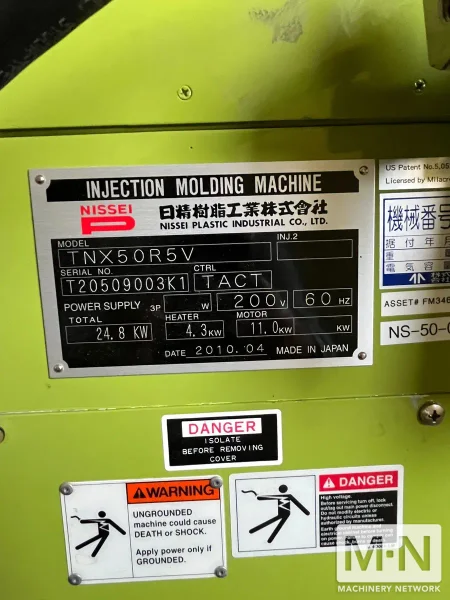53 TON 1.6 OZ NISSEI MODEL TNX50R5V VERTICAL CLAMP AND INJECTION MOLDING MACHINE MFG 2010