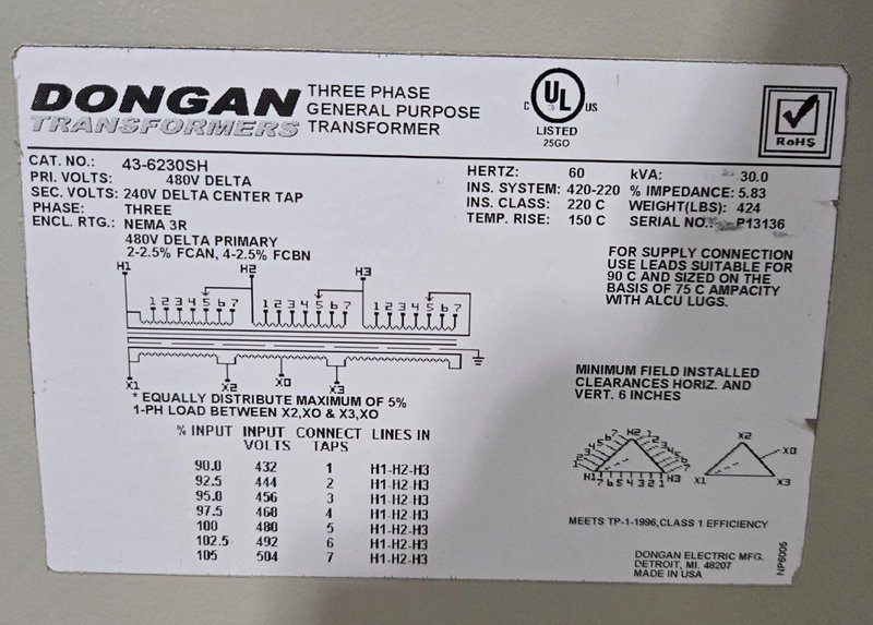 DONGAN 43-6230SH 480V – 240V Transformer 30 kVa USED