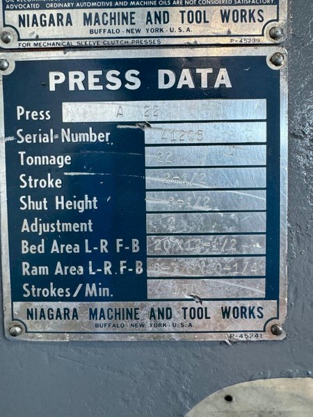22 TON NIAGARA MODEL A22 OBI PRESS. STOCK # 0469324.
