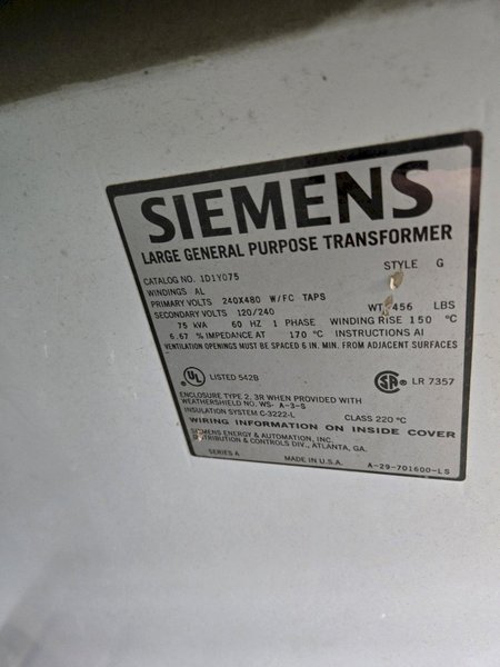 75 KVA SIEMENS TRANSFORMER STOCK# 0651026