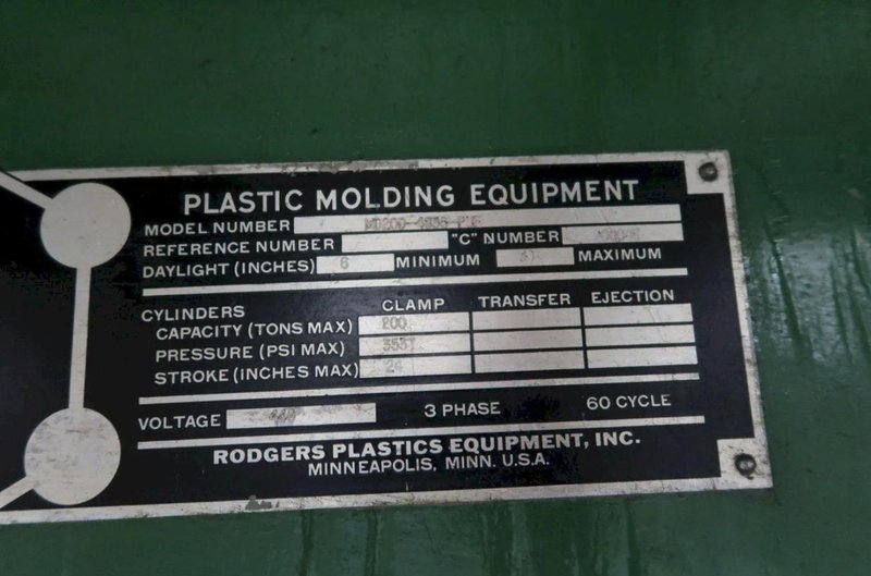 200 TON ROGERS MD200-4835 CUSHION BED HYDRAULIC PRESS WITH 24" STROKE. STOCK # 0547326