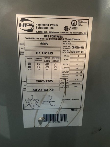 Hammond Power Solutions – C3F009PBS Transformer 600V – 208Y/120V, 9kVA USED