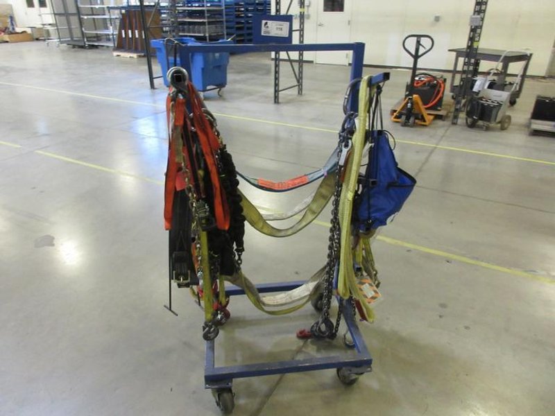 Rolling Cantilever Rack with Assorted Lifting Straps and Chains- Auction Item