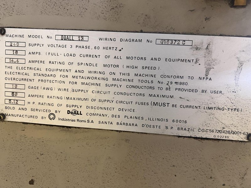 13&quot; X 60&quot; DOALL MODEL #13 ENGINE LATHE, 1-9/16&quot; HOLE: STOCK #21725