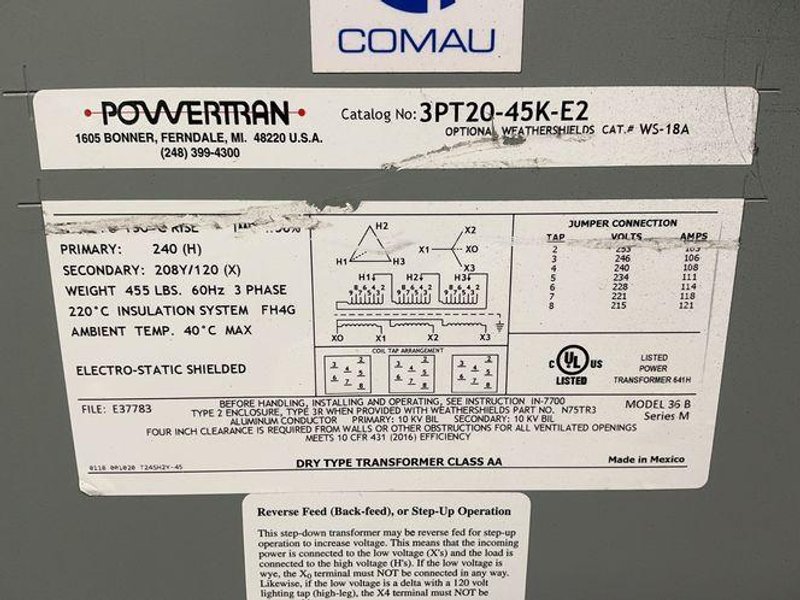 POWERTRAN 45 KVA DRY TYPE TRANSFORMER CLASS AA  -  3PT20-45K-E2