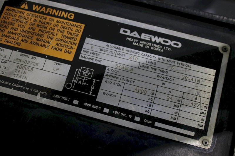 4,000 LBS DAEWOO PROPANE FORKLIFT: STOCK #75782