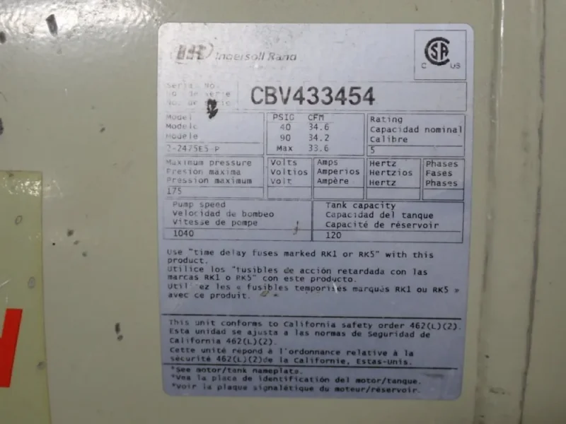 INGERSOLL RAND (2) 3//5 HP AIR COMPRESSOR  -  2-2475ES-P