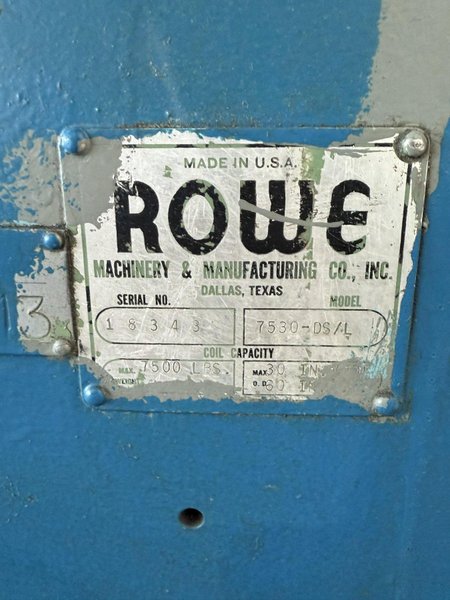 7,500 LB X 30&quot; ROWE 7530-DS/L UNCOILER. STOCK # 1226324