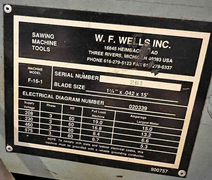 16" X 20" W.F. WELLS TWIN POST SEMIAUTOMATIC HORIZONTAL BAND SAW STOCK# 3422