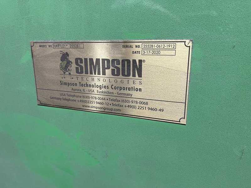 west 1965 B and P model 85b muller with dust hood, batch hopper, cooling system, upgraded to 100b gearbox , 125 hp motor, s/n 85b-101-6506
2020 west Simpson Hartley compactability system with model 2552 test unit, controls model 2552b1 s/n 2552b1-0611-1912, remote readout, bond feed transporter model 90mk2-5, available date 5/1/2025