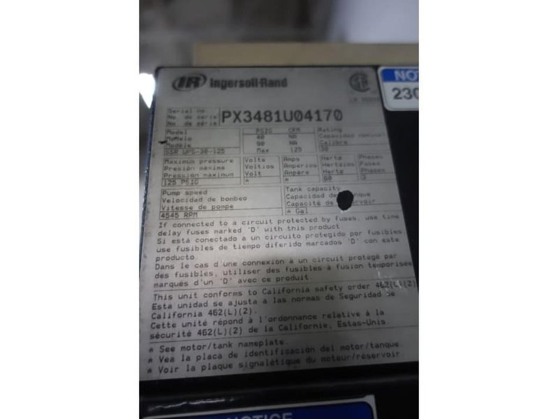 INGERSOL-RAND MODEL #UP6-30-125 ROTARY SCREW AIR COMPRESSOR: YOBRO #25818