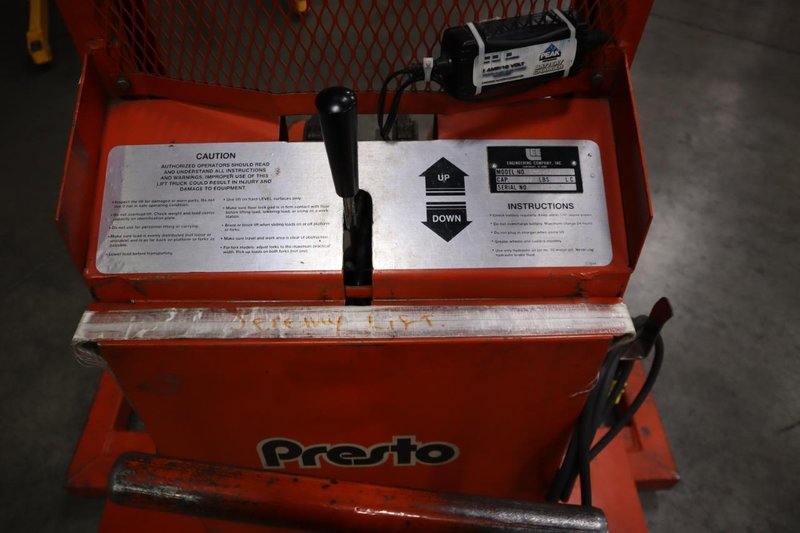 Presto WPS5036-20 Electric Stacker Lift Truck, 2,000# Cap, 36&quot; Lift Height, 42&quot; Forks, 50&quot; Between Outriggers, 12 Volt Battery and Charger- Auction Item