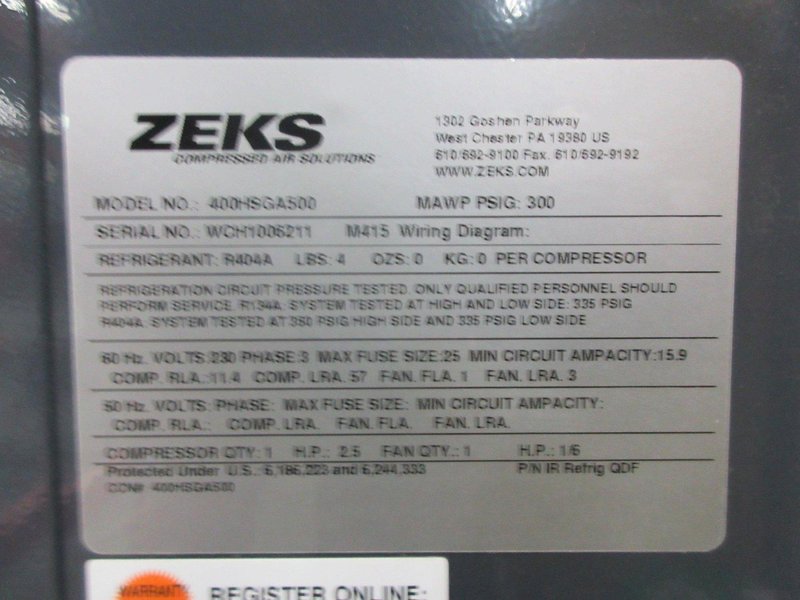 Zeks 400HSGA500 Heat Sink Refrigerant Air Dryer, 1HP Compressor Motor- Auction Item