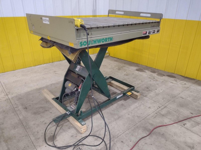 3800 LBS X 60" X 42" SOUTHWORTH MODEL #LS4-36 HYDRAULIC SCISSOR LIFT TABLE WITH ROLLER TOP, 110 VOLT: STOCK #20882