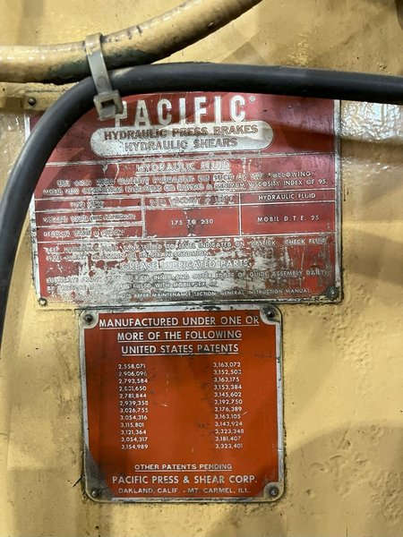 3/8” x 12’ Pacific Model 375R12 Hydraulic Power Squaring Shear, 1980