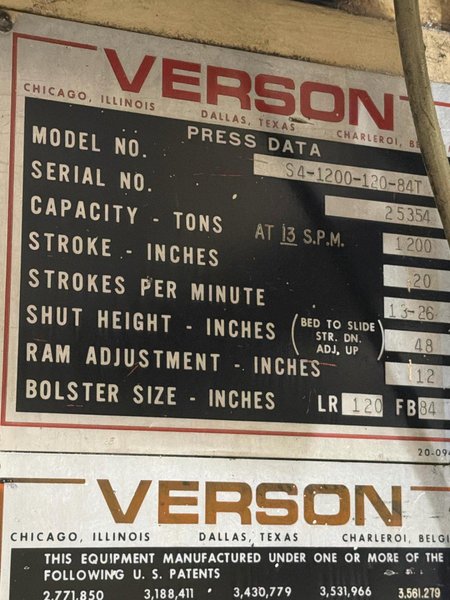 1200 Ton, VERSON #SE-1200-120-84T, SSDC PRESS w/MINSTER/COE FEED LINE