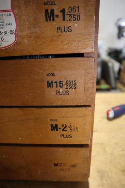 Meyer Pin / Plug Gages in Wood Cabinet: M1 Plus, M15 Plus, M2 Plus, M-25 PLus- Auction Item
