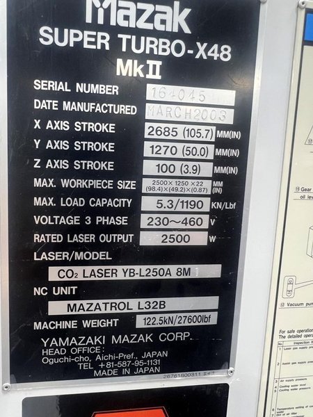 2500 WATT MAZAK SUPERTURBO X-48 MKII CNC LASER CUTTING MACHINE