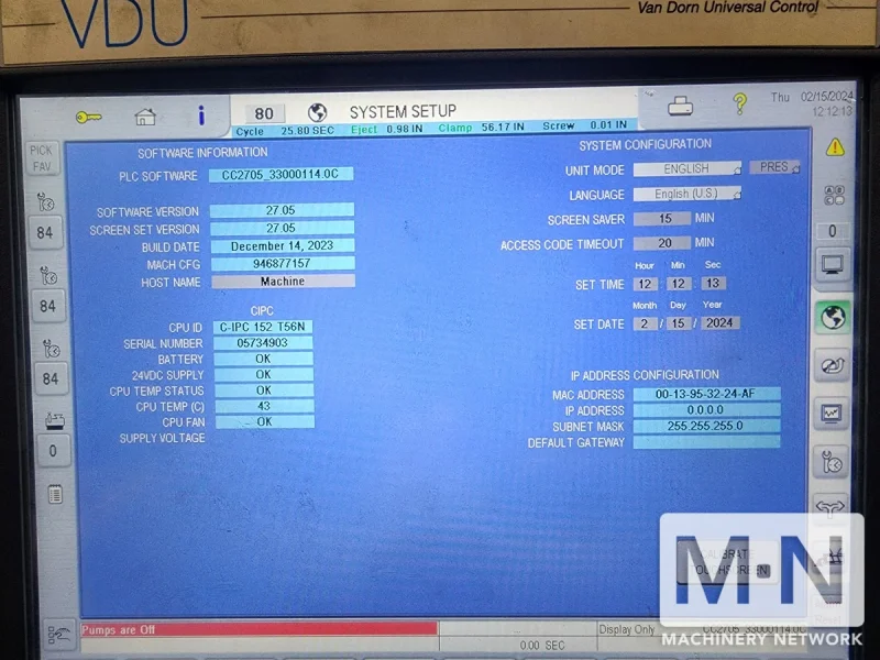 3300 TON 604 OZ VAN DORN MODEL 3300CC37000 CALIBER INJECTION MOLDING MACHINE MFG 2003