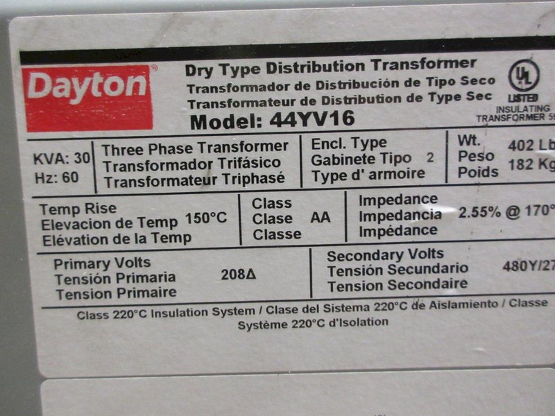 Dayton Dry Type Distribution Transformer 44YV16 - Auction Item