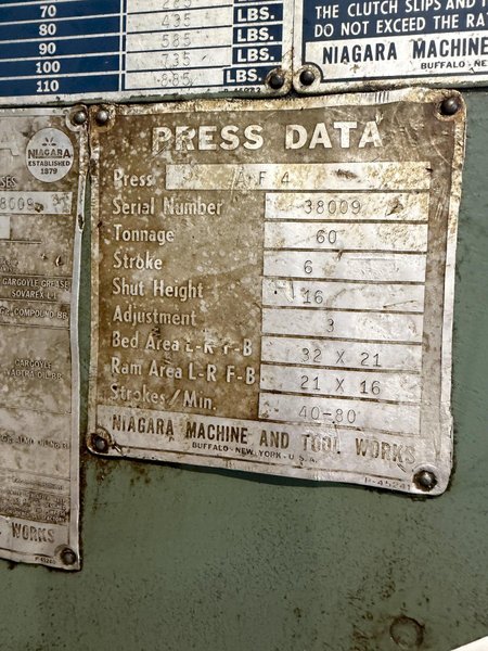 60 TON NIAGARA AF-4 BACK GEARED OBI PRESS. STOCK # 1214125.