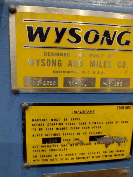 52″ x 14 GAUGE WYSONG MODEL #HS-1252 MECHANICAL SHEAR