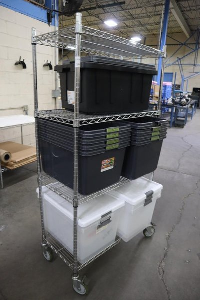 Uline Wire Rack Cart with 4 Shelves and Plastic Totes- Auction Item