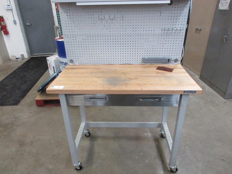 Portable Work Bench with Maple Top, Upper Shelf, Drawer, Work light- Auction Item