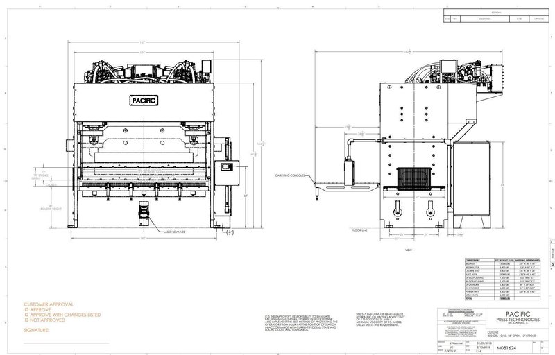 300 TON PACIFIC MODEL #300-OBL-10/60 STRAIGHT SIDE HYDRAULIC PRESS, 12" STROKE: STOCK #16352