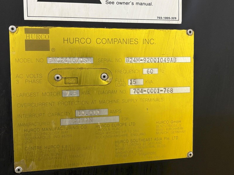 16&quot; X 24&quot; X 20&quot; HURCO MODEL BMC2416/DSM VERTICAL CNC MACHINING CENTER: STOCK #22461
