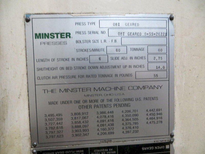 60-ton Minster #6SS Open Back Inclinable Geared Press For Sale, Year 1986