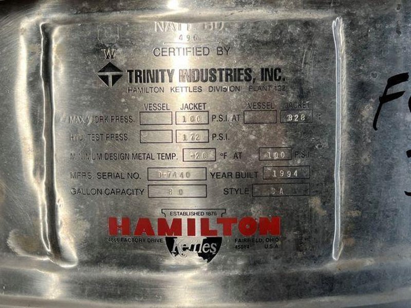HAMILTON 80 GALLONS 80 Gal Hamilton Double Motion Kettle, S/S