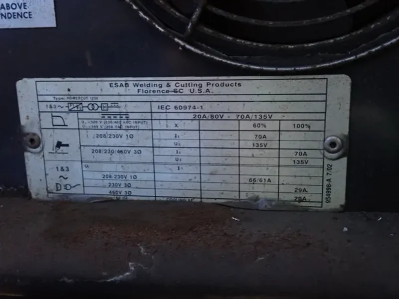 Esab 70 A Powercut 1250 Plasma Cutter And Metal Frame Assembly - 0558001935