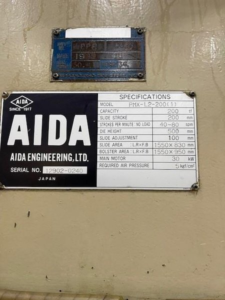 200-TON AIDA PMX-L2-200(1) USED MECHANICAL METAL STAMPING PRESS FOR SALE, YEAR 1990