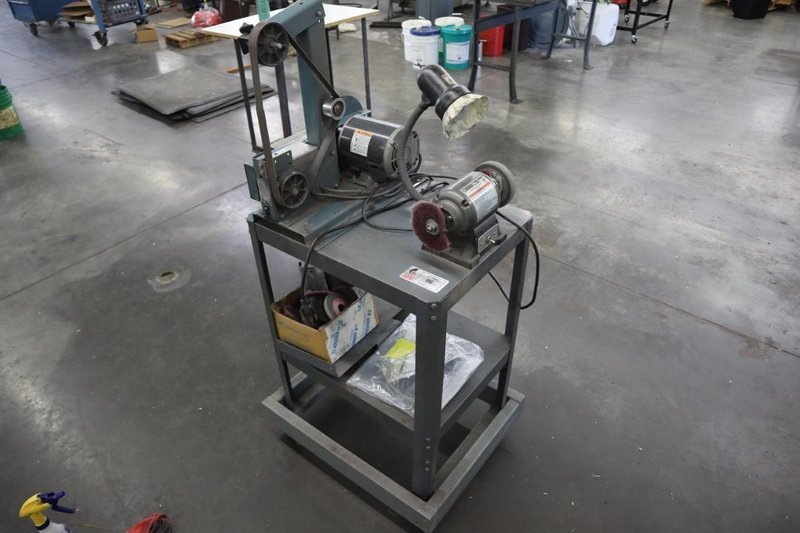 Rolling Metal Work Center with Central Machinery 6" Double End Bench Grinder, and Rutland 1" x 8" Belt Disc Grinder- Auction Item