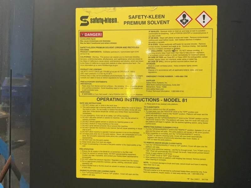 SAFETY-KLEEN 44" X 20" X 30" PARTS WASHER  -  81