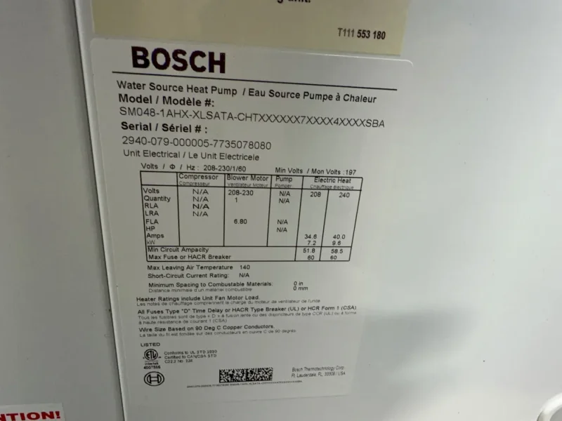 BOSCH WATER SOURCE HEAT PUMP   -  SM060-1AHX-XLSATA-CHTX