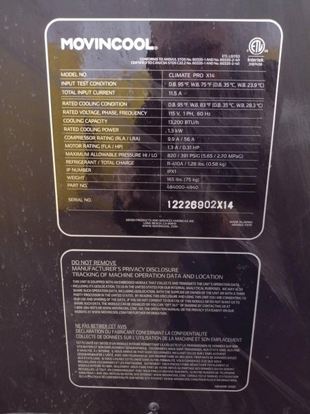 (2) MOVIN COOL CLIMATE PRO X14 PORTABLE AIR COMPRESSOR: YOBRO #24912