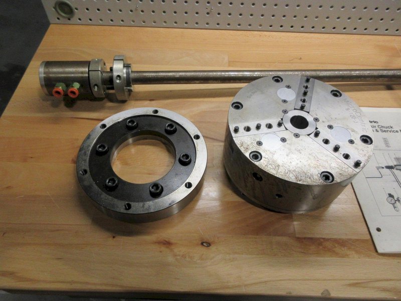 MicroCentric 8" Precision 3-Jaw Air Chuck with Drawtube, Pneumatic Valve, and A2-6 Adapter Plate- Auction Item