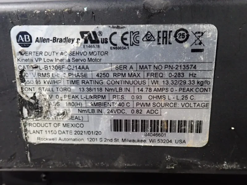 ALLEN-BRADLEY 3.95 HP KINETIX VP LOW INERTIA SERVO MOTOR  -  VPL-B1306F-CJ14AA