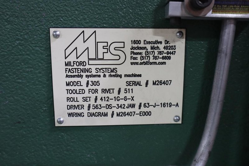 Milford Orbitform #305 Riveter, Remote Foot Trip, Feed Bowl and Track, Tooling- Auction Item