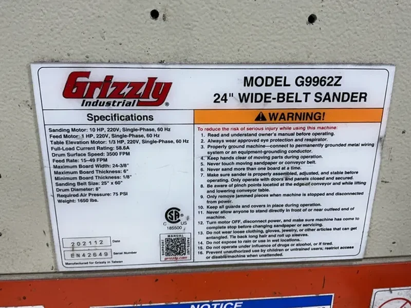 Grizzly Industrial  24” Wide Belt Sander  - G9962z