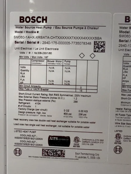 BOSCH WATER SOURCE HEAT PUMP  -  SM060-1AHX-XRSATA-CHTX