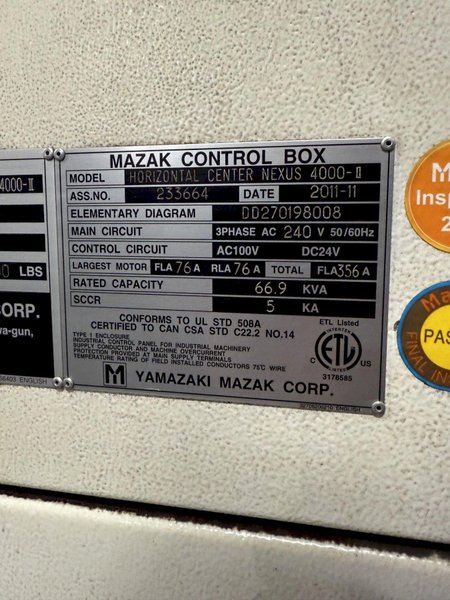 MAZAK NEXUS 4000-2 CNC HORIZONTAL MACHINING CENTER (YEAR NEW 2011). STOCK #1112125