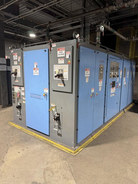2021 Inductotherm melt system with 2- traveling charge feeders with scales, Inductotherm type 3000 DT-2 ACF-2 3000 kw power supply rated at 300 h. s/n 21H-381478-246-11 interconnecting buss and cables, 2- 4metric steel shell furnaces with stands, hydraulic system , water system with twin 50hp pumps, 2021 Emsco model Hypro 25 stainless steel heat exchanger , related piping, controls, remote operators stand, related controls, lining pushout, Sonmez incoming power transformer type HTYAA3KH-326623 s/n 15729 rated at 3260-4025 KVA, 12,470 volt primary volts, 2x575 secondary volts, spare incoming transformer same as above s/n 15364