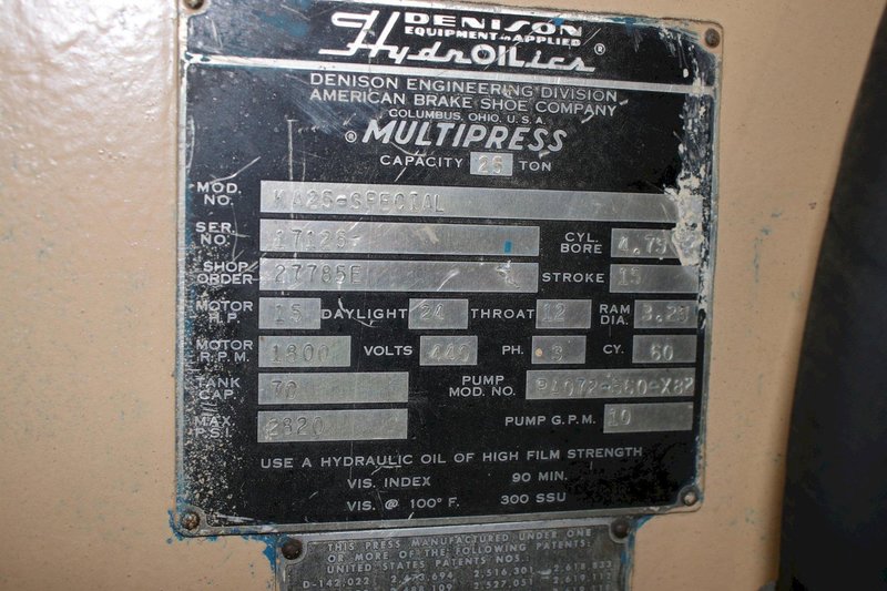 25 TON DENISON HYDRAULIC PRESS: STOCK #76354
