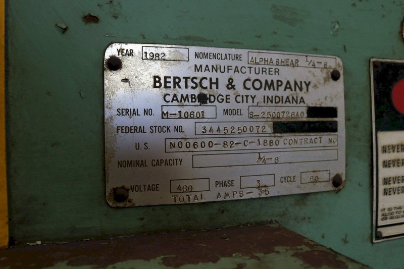 6' X 1/4' BERTSCH HYDRAULIC POWER SQUARING SHEAR: STOCK #73109